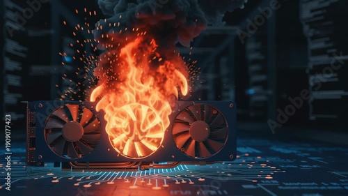 Intense Fire Burn Destroys Overheating GPU During Massive AI Energy Crunch Causing Dangerous Hardware Failure Smoke Disaster