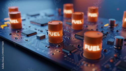 Glowing fuel barrel on blue digital circuit board depicting global AI energy crunch crisis and processor power consumption