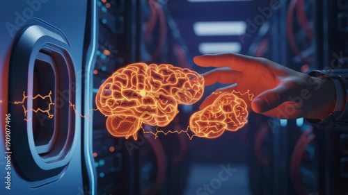 Futuristic digital hand holding glowing AI brain with raw energy ready to crunch big data in modern technology server center