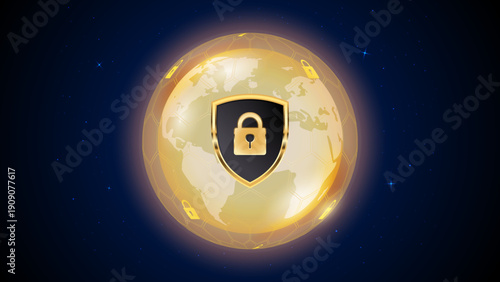 Secure Network Shield with Padlock on Golden Earth – Global VPN Cybersecurity Protection, Data Privacy, Encryption and Safe Internet Connection Vector Illustration