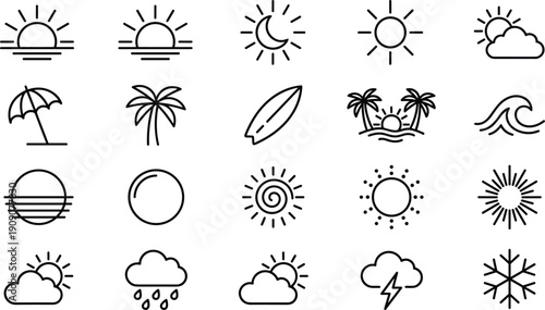 Weather and summer season icons set, sun cloud rain snow tropical beach line illustration collection
