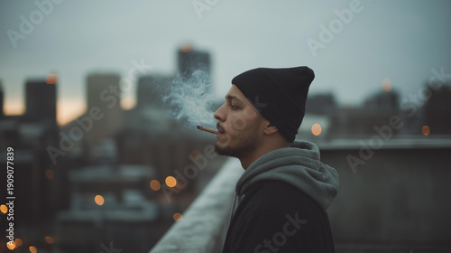 Young guy in dark beanie exhaling cigarette smoke on gritty urban rooftop, city skyline behind, three-quarter view, cinematic lighting, editorial photography, man smoking cigarette, urban street