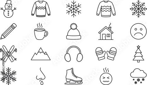 Winter season and holiday icons set, snow cold sweater line vector illustration collection
