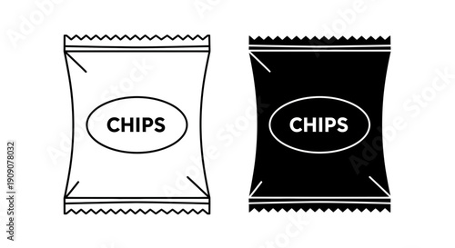 Chips Packet Icon Set – Snack Food Packaging Outline Solid Symbols
