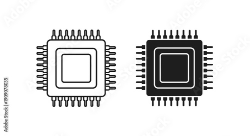 Microchip Processor Icon Set – CPU Technology Outline Solid Symbols
