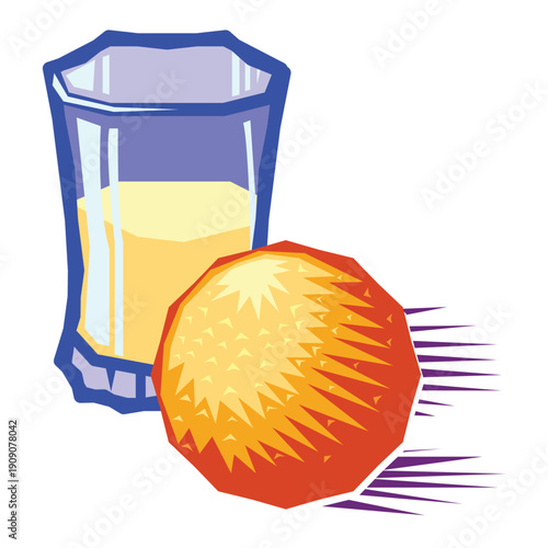 Woodcut illustration of a fresh orange fruit with a glass of orange juice, isolated on white background, perfect for food, beverage, nutrition, and healthy lifestyle concepts.