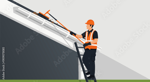 Professional worker cleaning gutters on a ladder with tools, vector illustration