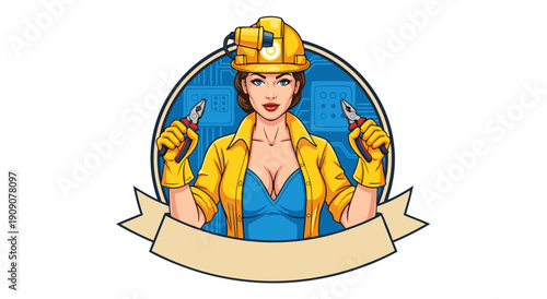 Skilled Female Electrician Holding Pliers and Wire Strippers, Vector Illustration