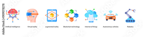 Emerging Technologies web banner icon vector illustration featuring Artificial Intelligence, Virtual Reality, Augmented Reality, Blockchain Technology, Autonomous Vehicles, and Robotics.