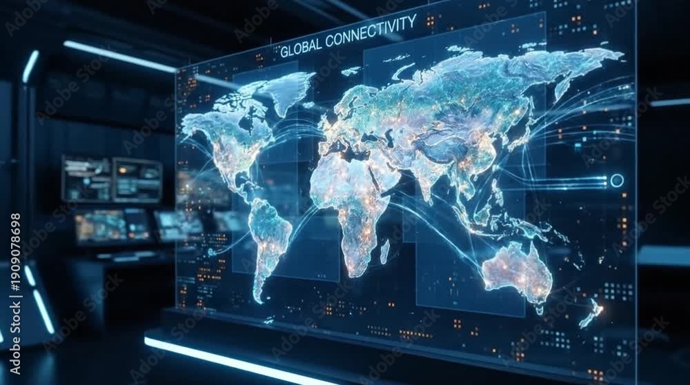 custom made wallpaper toronto digitalGlobal Connectivity Network on Futuristic Transparent Screen in a High-Tech Control Room, Illustrating Digital Data Flow and Modern Technology Infr...