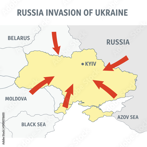 Map of Ukraine Highlighting Invasion Routes and Areas