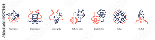 Next-Gen Technology Infrastructure web banner icon vector illustration featuring Technology, 5G Technology, Smart Grids, Robotic Brain, Digital Twins, Future, and Rocket.
