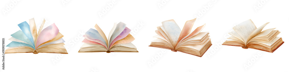 Fototapeta premium Set of Beautiful Watercolor Open Book Illustrations