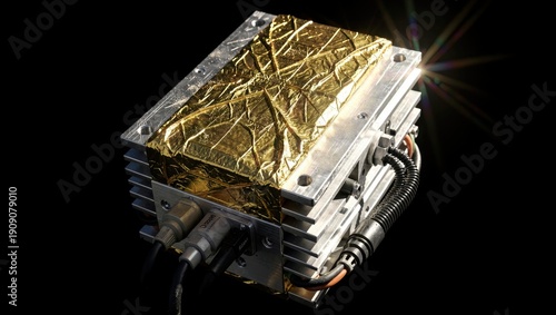 Android Cognitive Core Wrapped in Gold MLI Floating in Vacuum Sunlight