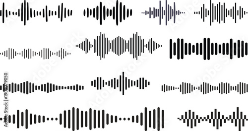 Graphic sound waves and equalizer elements set featuring various audio waveforms and frequency visualizations for music and technology.A collection modern audio and media icons including a play button