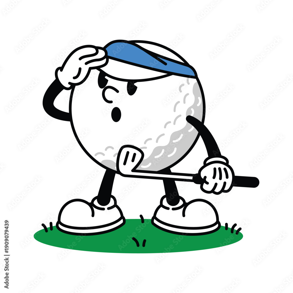 Obraz premium Cartoon Golf Ball Character Holding Golf Club on Grass.