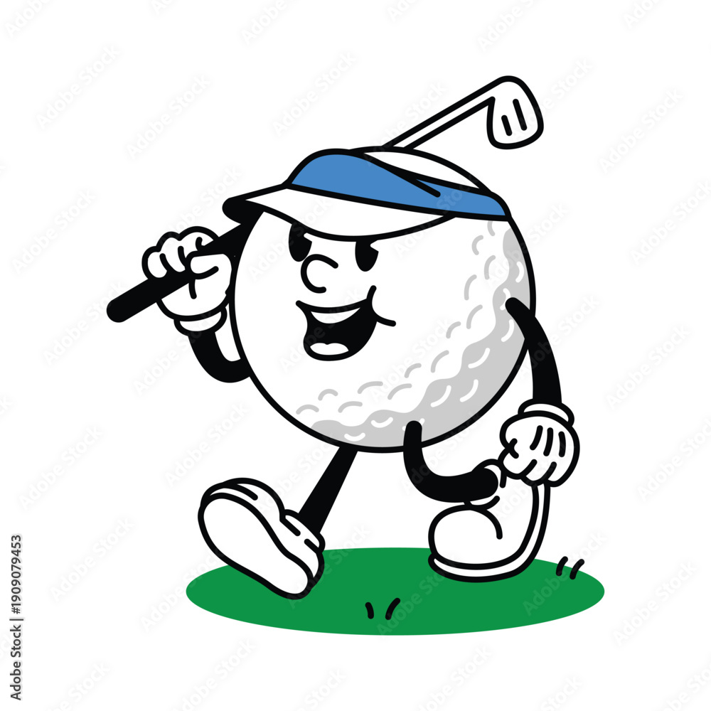 Fototapeta premium Cartoon Golf Ball Character Walking with Club.