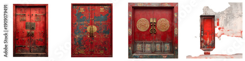Wallpaper Mural Set of Old Red Asian Doors with Golden Details Torontodigital.ca