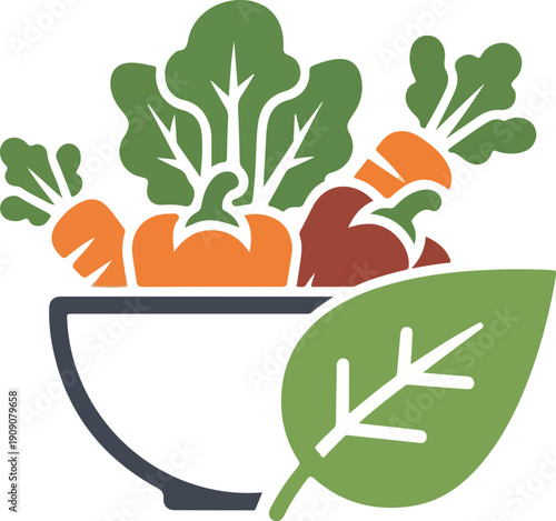 A vibrant illustration of fresh vegetables including carrots, peppers, and leafy greens artfully arranged in a bowl, symbolizing healthy eating and organic produce