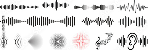 Graphic sound waves and equalizer elements set featuring various audio waveforms and frequency visualizations for music and technology.A collection modern audio and media icons including a play button