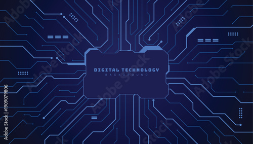 Circuit board background. Technology connected blue lines with electronics elements on technology background.