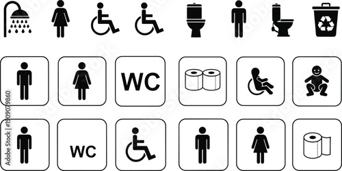 Restroom and public facility icon set with male, female, disabled access, toilet, shower, and trash symbols, cad drawing flat vector illustration