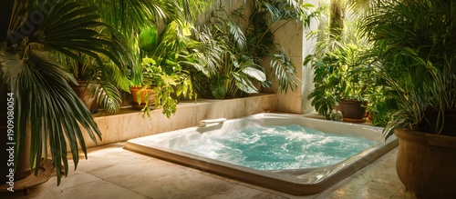 A relaxing jacuzzi with bubbling water surrounded by lush green plants in a tropical garden that offers tranquility and well-being.