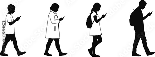 People silhouettes walking, smartphone addiction, mobile phone dependence, digital lifestyle, technology concept, modern society, screen obsession, communication, generational behavior