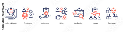 Hiring and Recruitment web banner icon vector illustration featuring Online Job Search, Recruitment, Employment, Hiring, Job Opening, Position, and Creative Team.