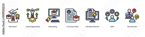 Career Development web banner icon vector illustration featuring Motivation, Career Opportunity, Job Posting, Curriculum Vitae, Job Advertisement, Skills, and Job Interview.