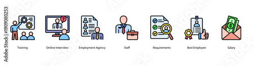 Workplace Training and Rewards web banner icon vector illustration featuring Training, Online Interview, Employment Agency, Staff, Requirements, Best Employee, and Salary.