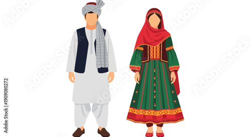 Afghan couple in traditional clothing, man and woman, cultural attire illustration