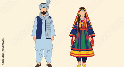 Afghan Couple Traditional Clothing Illustration