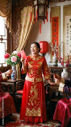 Happy Woman Receiving Red Envelope During Chinese New Year Celebration in Traditional Home