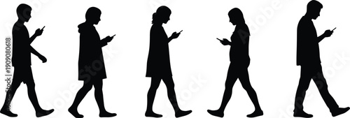 People silhouettes walking, smartphone addiction, mobile phone dependence, digital lifestyle, technology concept, modern society, screen obsession, communication, distracted