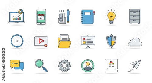 Collection of business and technology icons in a doodle style.