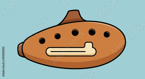 Brown Ocarina Flute Musical Instrument, Isolated on Blue Background