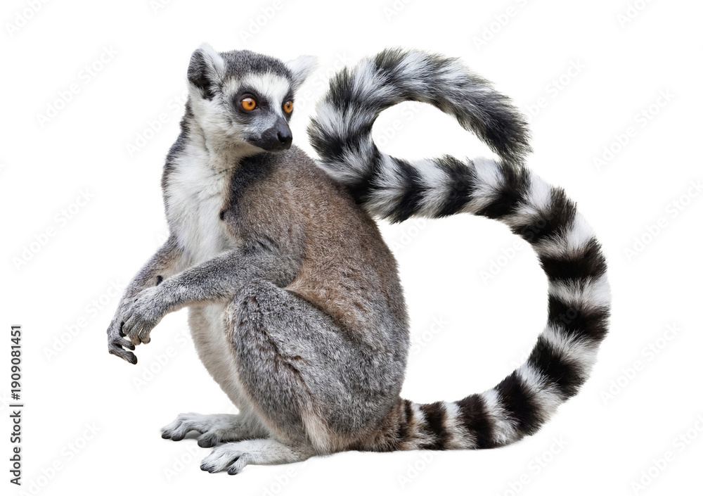 Naklejka premium a ring-tailed lemur in a seated posture, its unique black and white tail curled upwards, displaying alert and curious facial features.