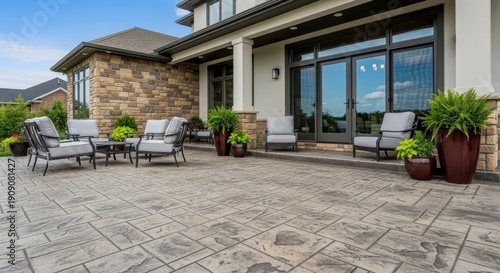 Modern patio with stamped concrete floor and comfortable outdoor seating