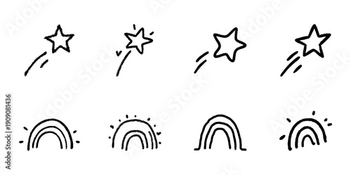 Shooting Stars And Rainbows Line Icon Set In Doodle Style. Celestial And Weather Symbols Outline Sketch Collection. Whimsical And Inspirational Elements. Hand Drawn Isolated Vector Illustration