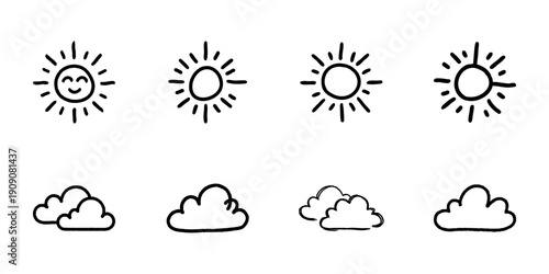 Sun And Cloud Line Icon Set In Doodle Style. Weather Forecast, Climate, And Atmospheric Conditions Outline Sketch Collection. Hand Drawn Isolated Vector Illustration