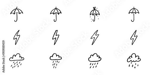 Umbrella, Lightning, And Rain Cloud Weather Icons In Doodle Style. Weather Forecast, Storm Protection, And Rainy Day Symbols Outline Sketch Collection. Hand Drawn Isolated Vector Illustration