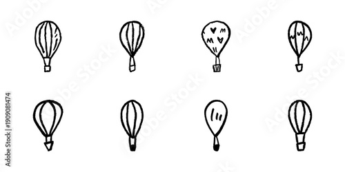 Hot Air Balloon Line Icon Set In Doodle Style. Adventure, Travel, And Exploration Outline Sketch Collection. Hand Drawn Isolated Vector Illustration