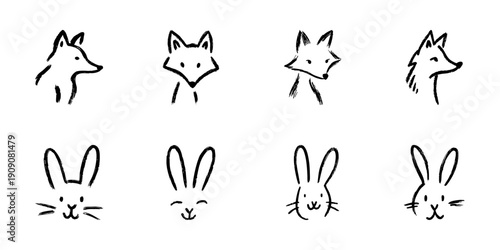 Fox And Rabbit Faces Line Icon Set In Doodle Style. Animal Expressions And Cute Wildlife Characters Outline Sketch Collection. Hand Drawn Isolated Vector Illustration