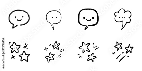Cute Speech Bubbles And Star Doodles Line Icon Set In Doodle Style. Communication And Creativity Outline Sketch Collection. Hand Drawn Isolated Vector Illustration