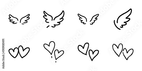 Winged Hearts And Angel Wings Line Icon Set In Doodle Style. Love, Freedom, And Spirituality Symbolism Outline Sketch Collection. Hand Drawn Isolated Vector Illustration