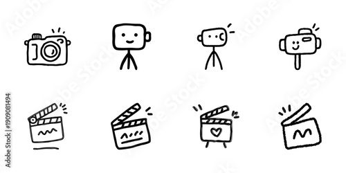 Camera And Clapperboard Line Icon Set In Doodle Style. Photography, Filmmaking, And Media Production Outline Sketch Collection. Creative Visual Arts Tools. Hand Drawn Isolated Vector Illustration