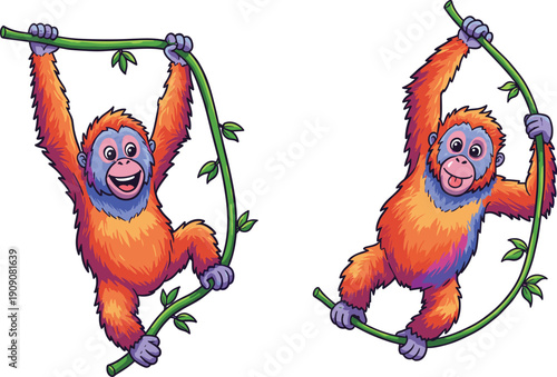 Orangutan cartoon illustration, jungle monkey mascot, playful ape character, colorful wildlife artwork, whimsical animal design, vector cartoon, rainforest theme