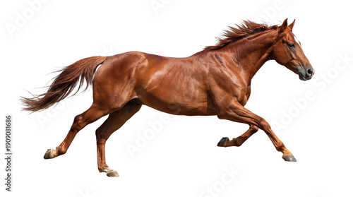 athletic bay horse in full gallop, showing powerful movement and streamlined form with its mane and tail flowing, captured in a realistic, dynamic photograph against a transparent background.