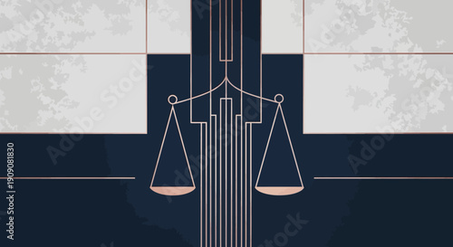 Art deco style abstract architecture with balanced scales of justice design